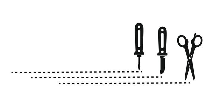 Cutting tools and dotted line: An illustration depicts cutting tools like a knife and scissors positioned near a dashed line, symbolizing precision and modification.