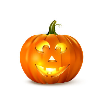Halloween pumpkin. Halloween glowing pumpkin on white background with carved funny, friendly, smiling spooky face. Festive jack lantern in dark night style. Holiday vector illustration