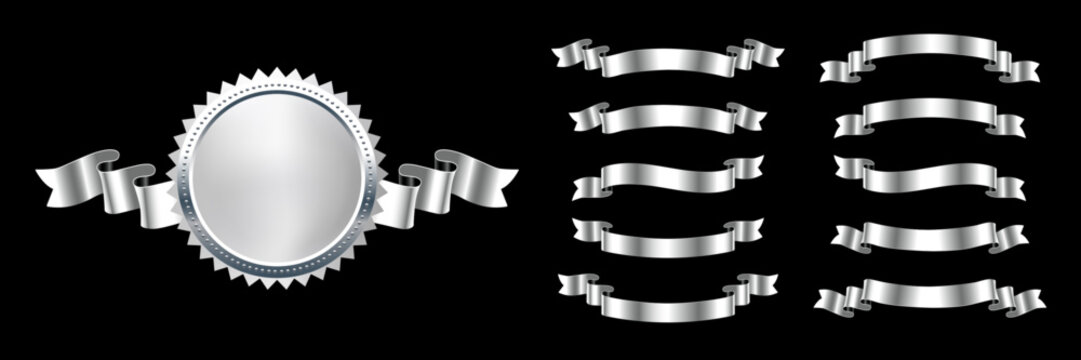 Silver medals with horizontal ribbon. 3d silver award badges isolated on black. Design elements for labels, certificates, prizes, winners, discounts, diplomas. Realistic vector illustrations set.