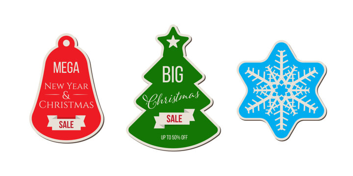 Christmas sale tags set. Big winter holidays discounts. Fir tree, bell, snowflake color paper labels isolated on transparent. New Year shopping special offers stickers. Festive vector illustration