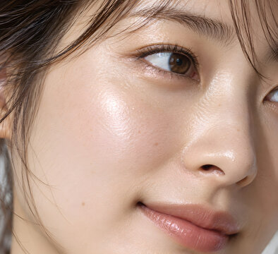 美肌とスキンケアの魅力を引き立てる 目元と鼻筋 頬のツヤと質感を捉えたナチュラルメイクの超接写美容ポートレート