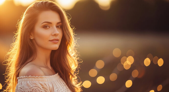 Woman with long wavy hair illuminated by golden sunset light, showcasing her beauty and serene expression, representing warmth and natural glow.
