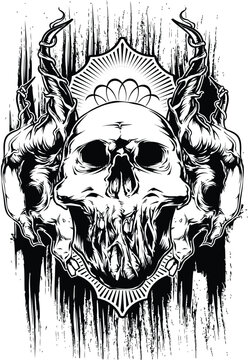 Horror skull illustration with demonic horns and dark abstract grunge elements, gothic style vector artwork for tshirt design or tattoo art