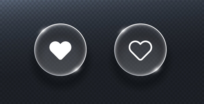 Set of glassmorphism vector heart icons. Transparent round frosted glass UI like buttons isolated on dark transparent background for app web design