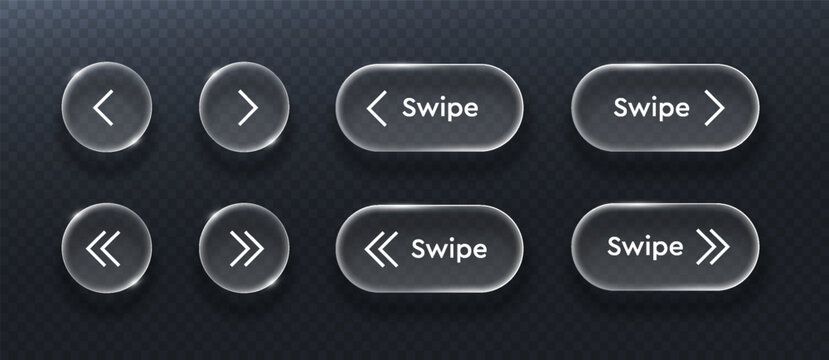 Set of glassmorphism vector swipe buttons and arrow icons. Transparent frosted glass UI navigation elements isolated on dark transparent background for app design