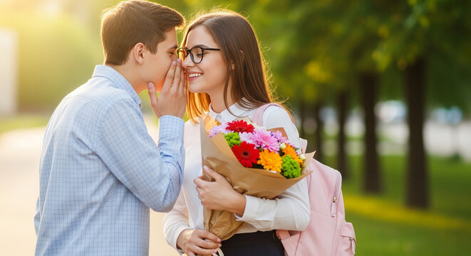 Young couple whispering secrets with a bouquet of flowers and backpack, symbolizing romance, affection, and youthful love in a park setting