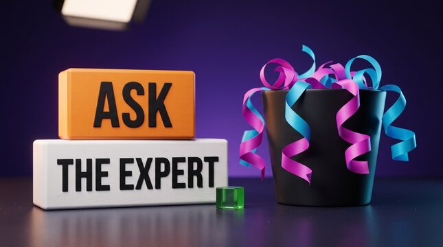 Ask the Expert Blocks with Confetti: Stacks of blocks displaying ASK and THE EXPERT are arranged next to a festive bucket overflowing with colorful streamers.