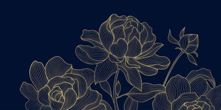 Luxury Chinese, Japanese floral pattern with golden line peonies, elegant oriental elements on a dark blue background. Luxury garden blossom, wedding invitation, nature ornament, new year tradition