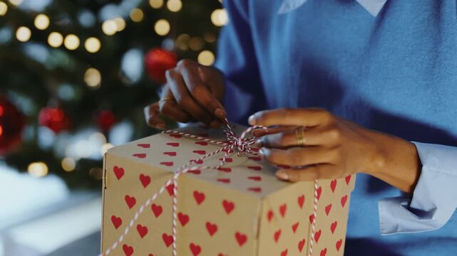 Close up of a woman's hands untying the bow on a Christmas gift wrapped in red heart patterned paper, preparing to open a festive present at home