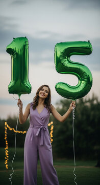 A woman joyfully holds green number balloons, symbolizing celebration and a milestone birthday, set against an outdoor evening backdrop.