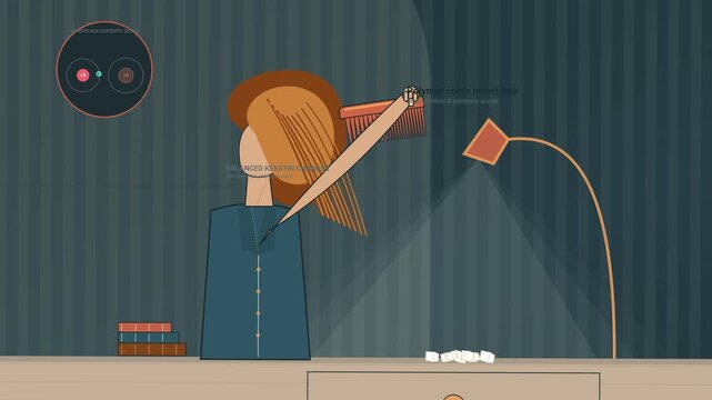 Educational 2D animation demonstrating the triboelectric effect and static electricity showing a comb brushing hair transferring electrons and attracting pieces of paper through electrostatic inducti