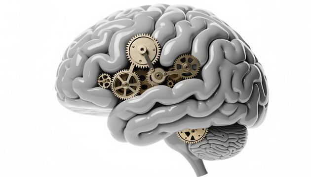 Human brain model with metallic gears representing cognitive function