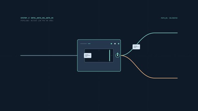 A seamless 4K technical motion graphic illustrating automated data validation. Geometric data packets pass through an inspection module and are routed into validated and review outputs.