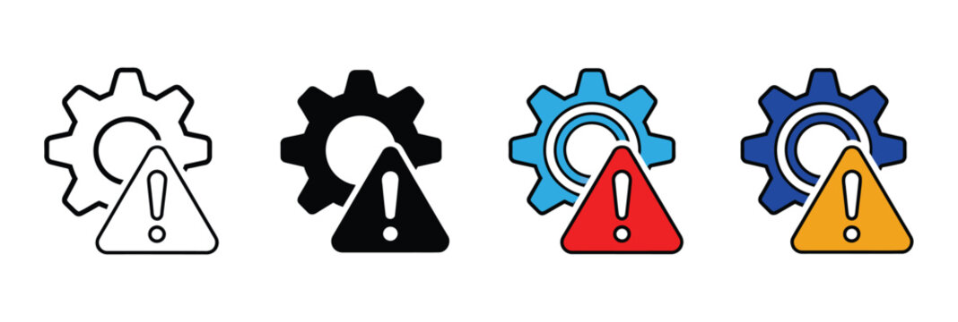 Failure icon set gear and warning symbols, equipment malfunction, software errors, system failure alerts, technical troubleshooting, minimalist vector design