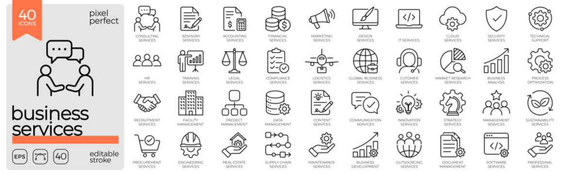 Business services line icon set. Consulting, customer support, legal, accounting, outsourcing, professional solutions Icon collections. Editable stroke vector.