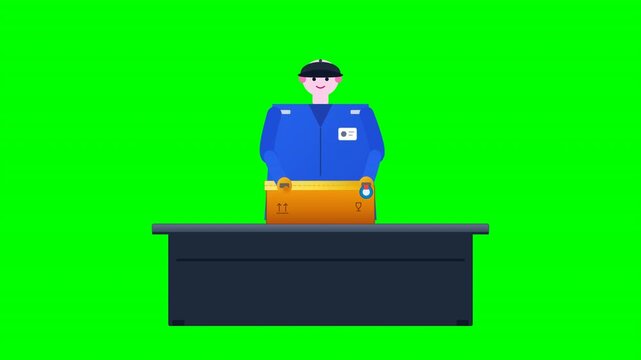 Delivery worker in blue uniform packaging a box on green screen