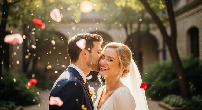 Bride and groom embrace as rose petals fall, symbolizing love and celebration, perfect for romantic and wedding concepts