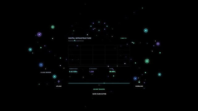Glowing Digital Data Dashboard Interface Showing Real Time Network Infrastructure Statistics