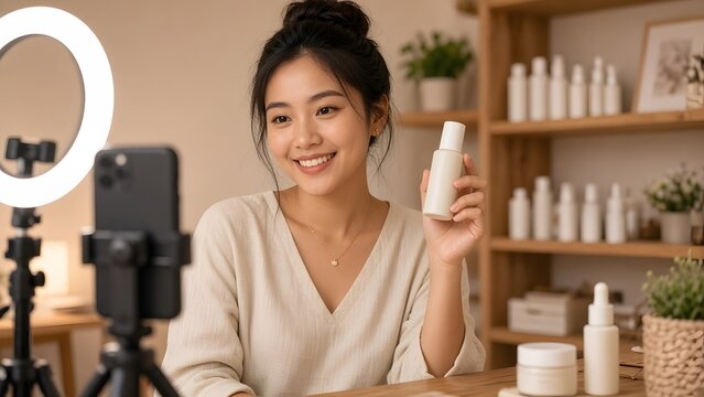 Young Thai woman smiling while presenting an unbranded skincare bottle to a smartphone on a tripod with ring light in a cozy home studio during live selling