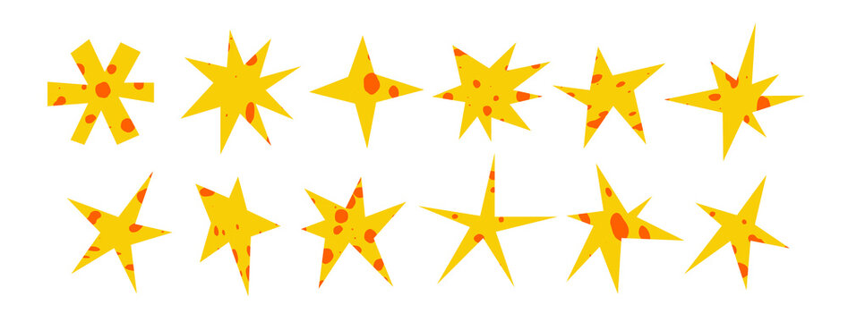 Groovy naive starburst vector elements collection. Set of bright yellow abstract hand drawn stars, sparkles in retro style for stickers, labels, scrapbooking