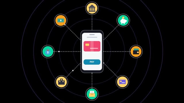 Modern smartphone displaying secure online payment interface surrounded by financial icon graphics in digital motion animation concept