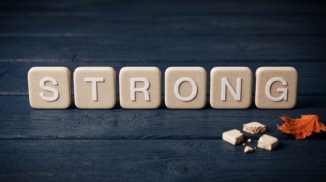 Alphabet Blocks Spell Strength: Six light-colored alphabet blocks, each bearing a white letter, are arranged on a dark wooden surface, spelling out the word STRONG. A few small.