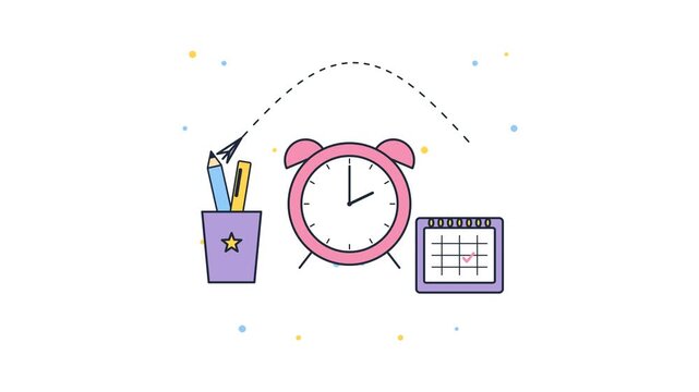 Paper airplane flying in an arched trajectory above a pink alarm clock and a calendar illustration on a clean white background