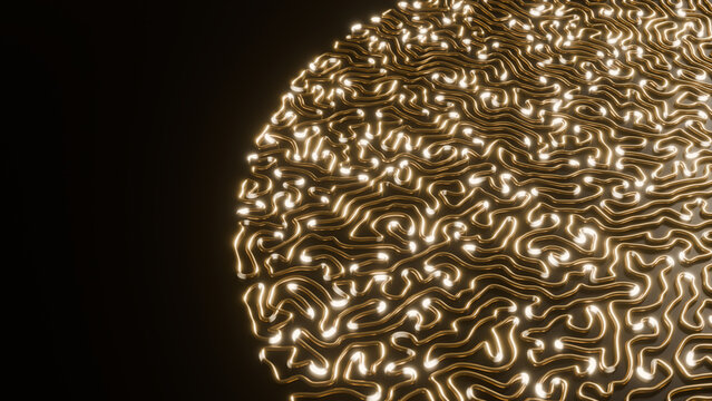 Neural maze pattern gold glowing lines abstract luxury background copy space a golden disc of winding paths sits at right on black for tech presentations science articles website headers and posters