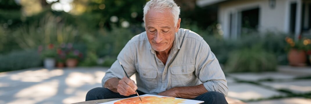 Elderly man painting colorful mandala outdoors in a garden setting for poster background and banner design