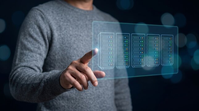 Person pointing at a holographic interface displaying server rack
