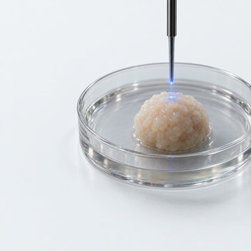 Conceptual 3D illustration of a neural organoid in a laboratory culture dish undergoing localized blue-light optogenetic stimulation through an optical fiber.