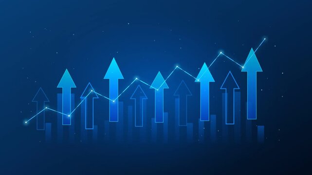 animated blue business growth chart with glowing upward arrows rising line graph and luminous data points on dark navy background 4k, Business presentations, financial reports, investment videos, 
