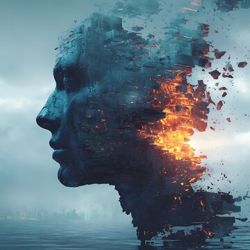 A surreal digital artwork showing a fragmented human face dissolving into glowing, fiery pieces against a moody, cloudy background with a distant city skyline.