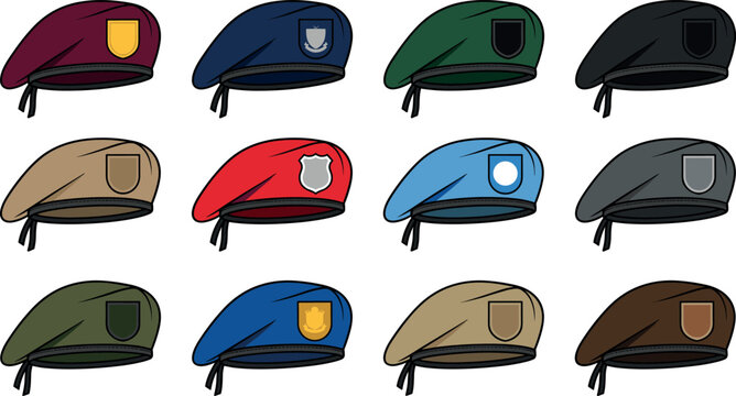 Military beret vector illustration set featuring colorful army caps with blank flash badges isolated on a clean white background