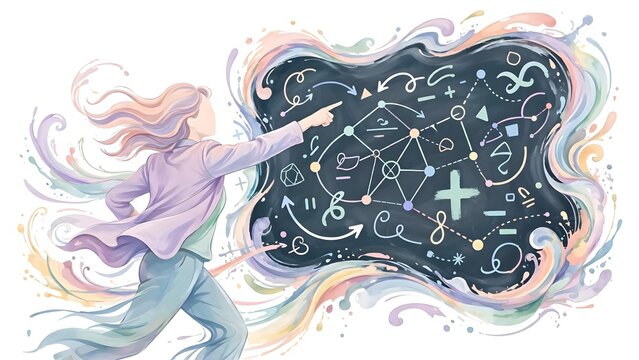 Dynamic Motion Pointing Oversized Stylized Chalkboards Abstract Math Equations Symbols Connections White Background