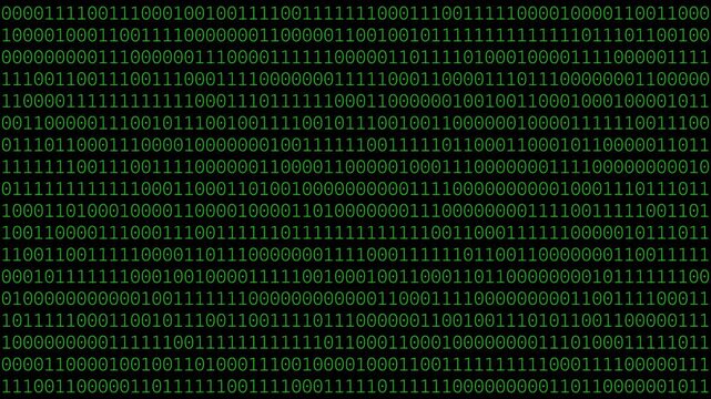 Binary Code Black Digital Background. Rows of ones and zeros in a binary pattern create a digital data backdrop, symbolizing coding and information processing, cyber security, technology. animation