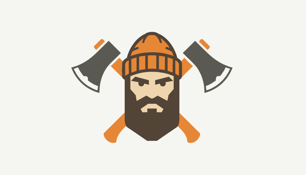 Strong bearded lumberjack head logo wearing an orange knit beanie hat with two crossed hand axes behind his back.