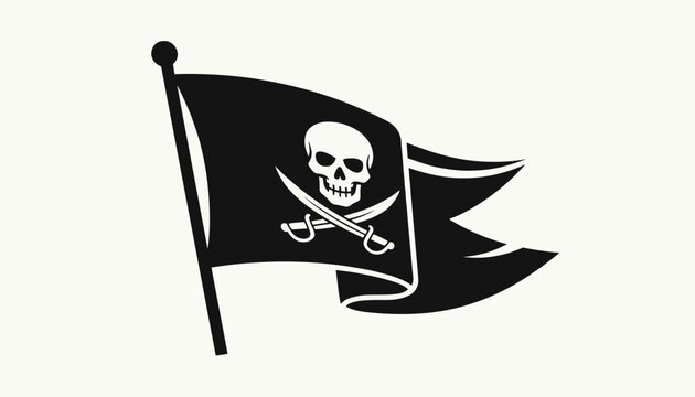 Jolly roger black pirate flag with skull and crossed sabers waving on a flagpole over a clean white background.