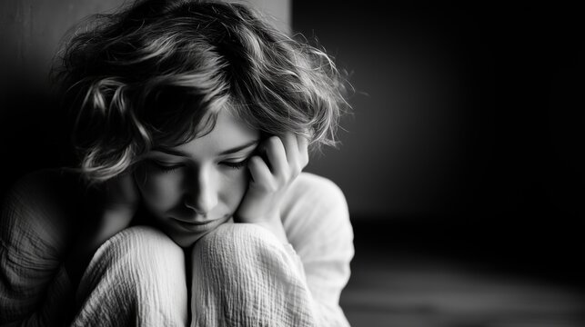 Sad young woman with closed eyes hugging her knees in a dark room, black and white portrait with copy space, representing depression, loneliness and mental health crisis