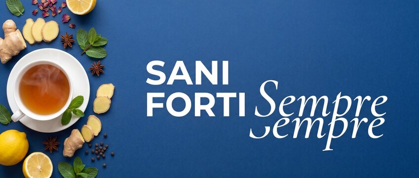 Herbal tea ginger lemon mint flat lay top view on blue background, immunity boosting natural remedy drink banner with copy space for health wellness concept and Italian text sani forti sempre.