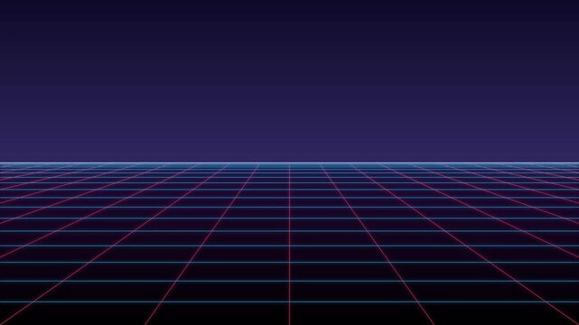 Retro futuristic neon grid landscape with a dark purple sky and a vanishing point perspective, evoking a sense of digital art and futuristic design
