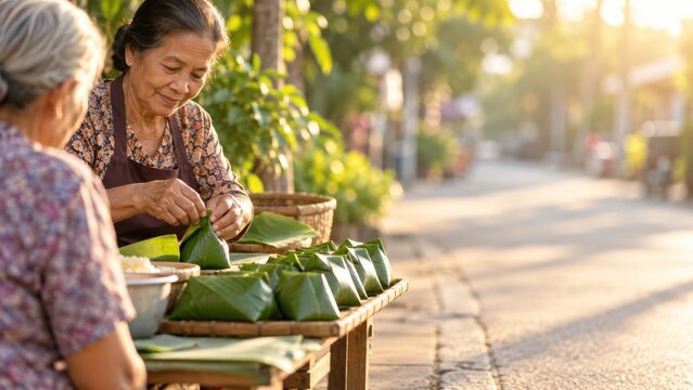 Elderly Asian woman preparing traditional food wrapped in green leaves on street market stall with natural light