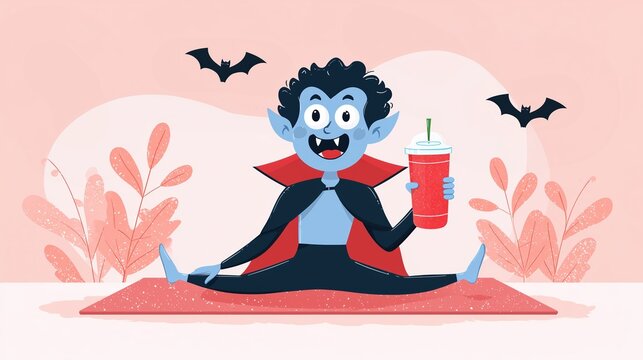Cute cartoon vampire child sitting cross legged holding red drink with straw surrounded by pink foliage and flying bats in playful Halloween illustration