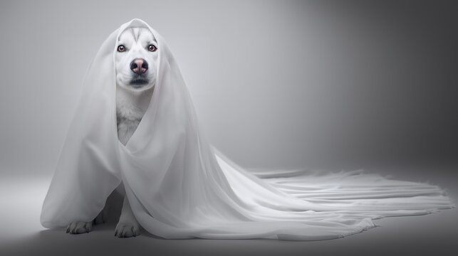 White dog wearing ghost costume made from flowing sheet sits against gray backdrop, creating playful Halloween portrait that blends spooky atmosphere with adorable charm