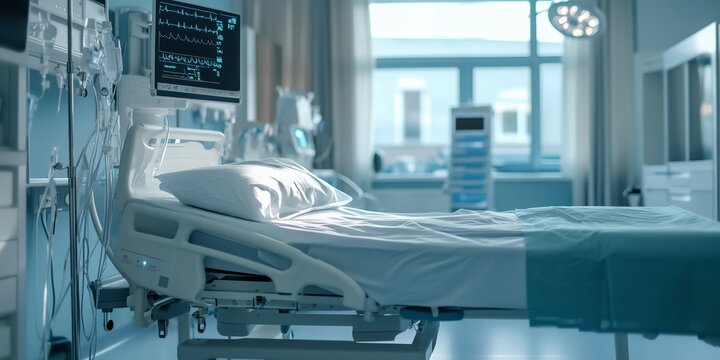 a room in a hospital clinic with a bed and some medical equipment