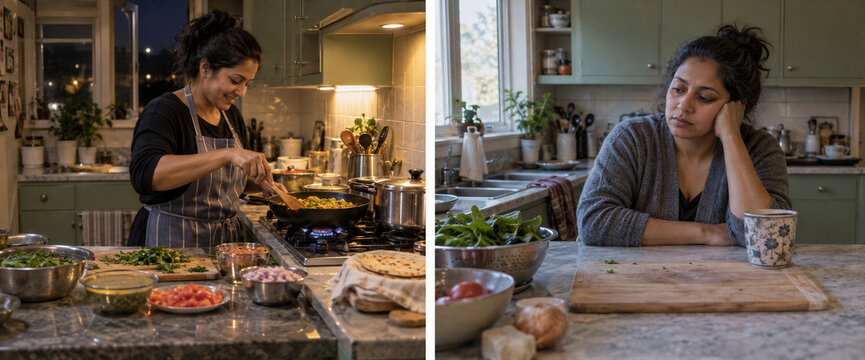 Split view of woman cooking in kitchen and sitting at counter. Bipolar disorder and mental health concept. Mood changes, emotional wellbeing and daily life. Domestic routine and self care