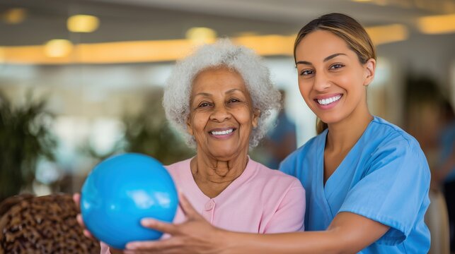 African American senior woman and Hispanic physical therapist smile together during rehabilitation session holding blue exercise ball in modern clinic setting