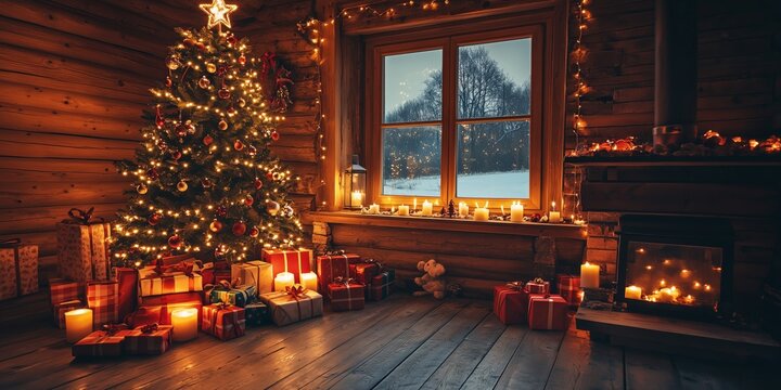 many presents lie under a beautifully decorated Christmas tree in the cozy living room on Christmas Eve