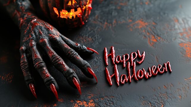 Creepy monster hand with sharp black claws beside glowing jack-o-lantern and Happy Halloween text on dark textured surface. Spooky October celebration concept.