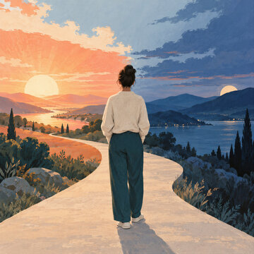 Person on winding path between contrasting sunlit and moonlit landscapes. Bipolar disorder and mental health concept. Emotional balance, mood changes and wellness
